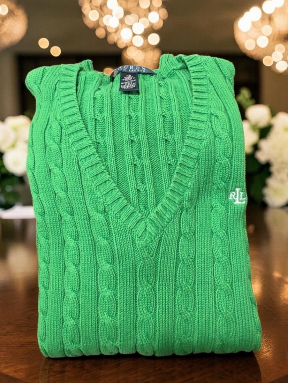 Ralph Lauren Bright Womens Green Cable-Knit V-Neck Sweater Size-xs